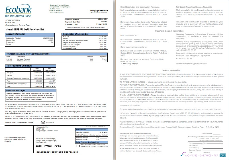Download Burkina Faso Ecobank bank mortgage statement, 2 pages, 1 2 scr Photoshop template